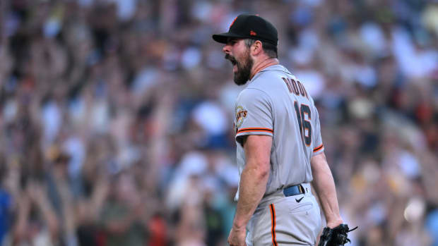 San Francisco Giants SP Carlos Rodon celebrates strikeout